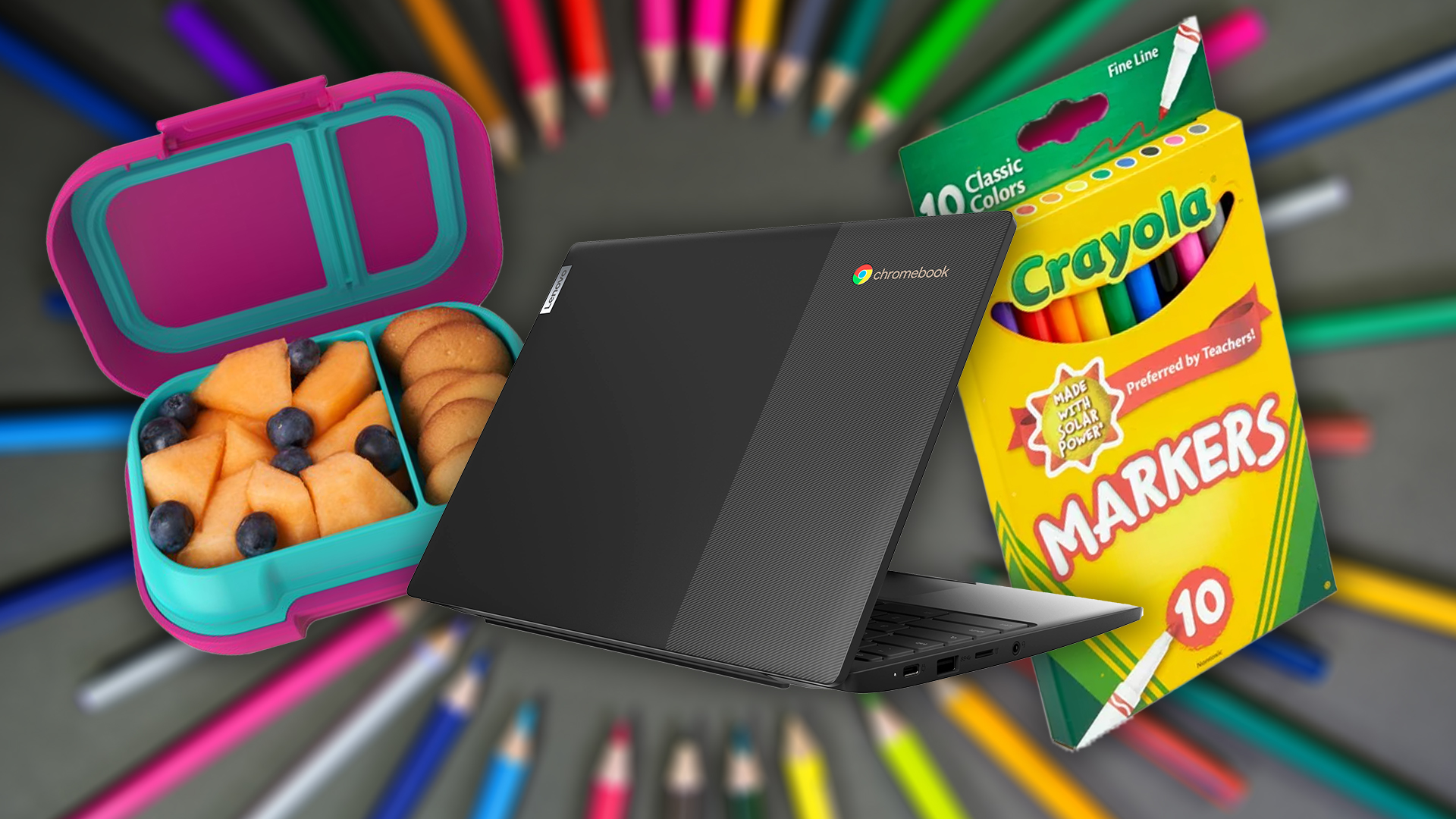 Bentgo lunchbox, Lenovo Chromebook and Crayola markers
