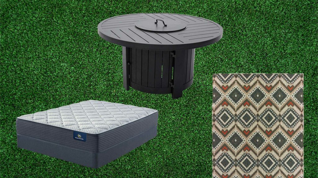 Serta mattress, fire pit table, outdoor rug