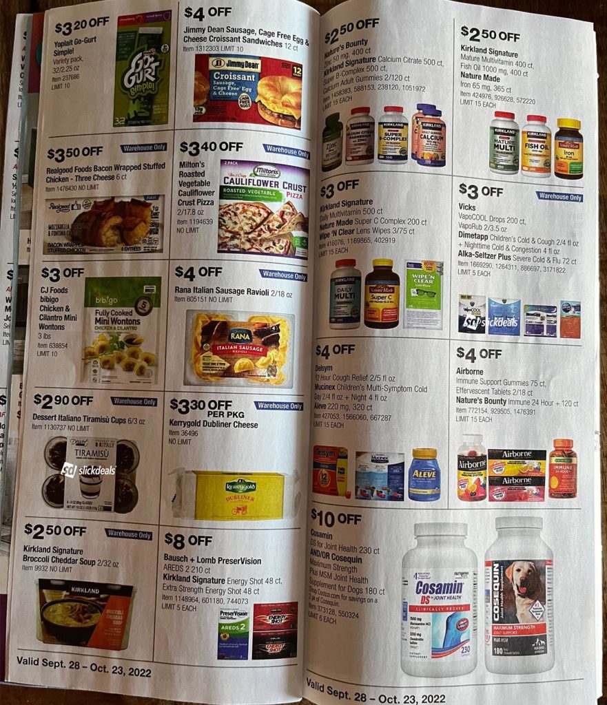 Image scan of the 2022 Costco Coupon Book for September through October with various products on the pages with prices