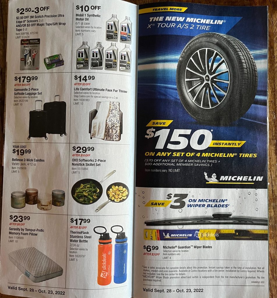 Image scan of the 2022 Costco Coupon Book for September through October with various products on the pages with prices