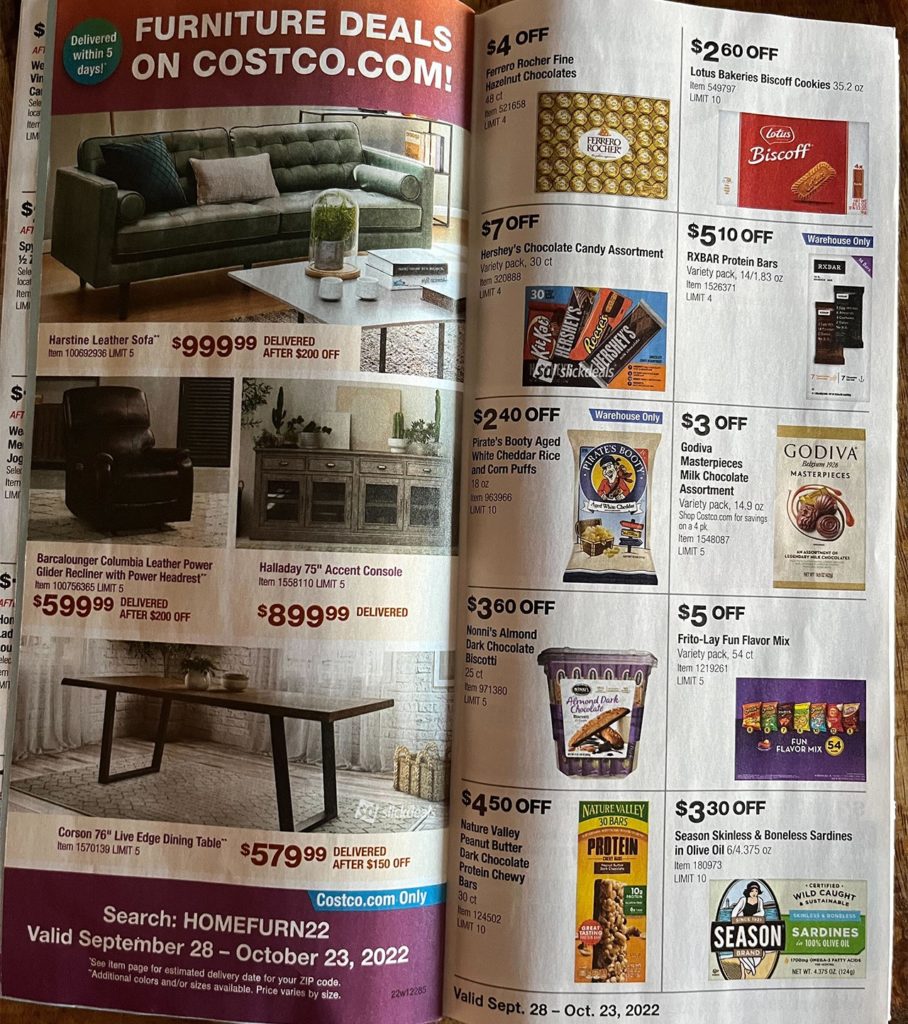 Image scan of the 2022 Costco Coupon Book for September through October with various products on the pages with prices