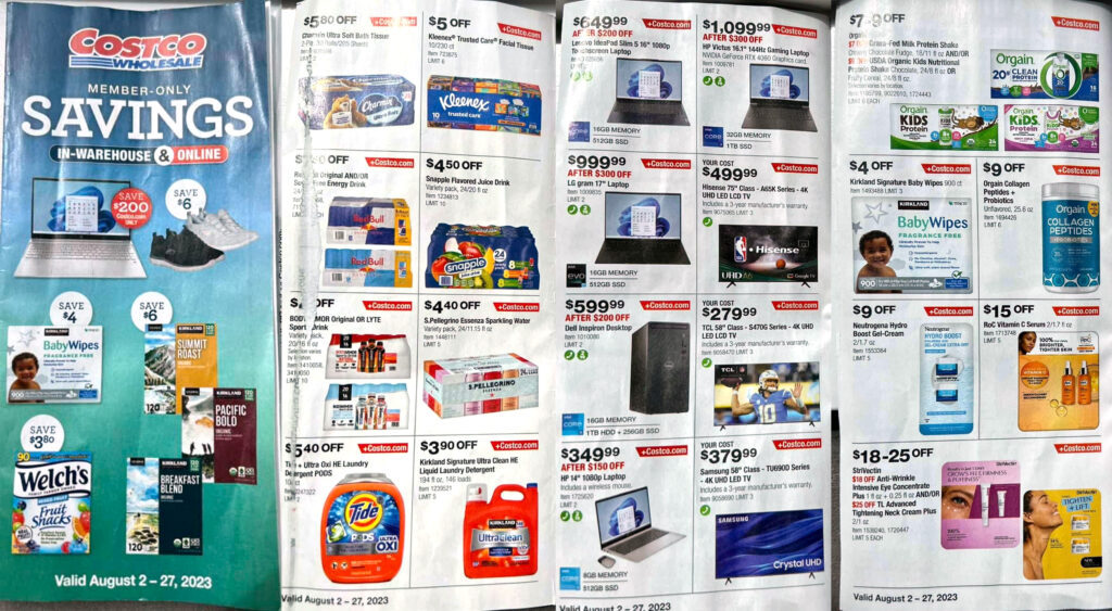 Scan of a Costco coupon book for August 2023