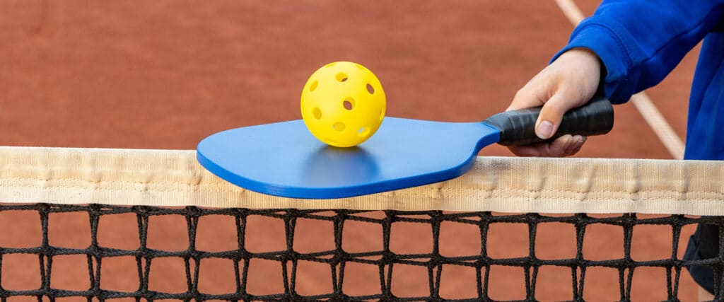 pickleball paddle, ball and net