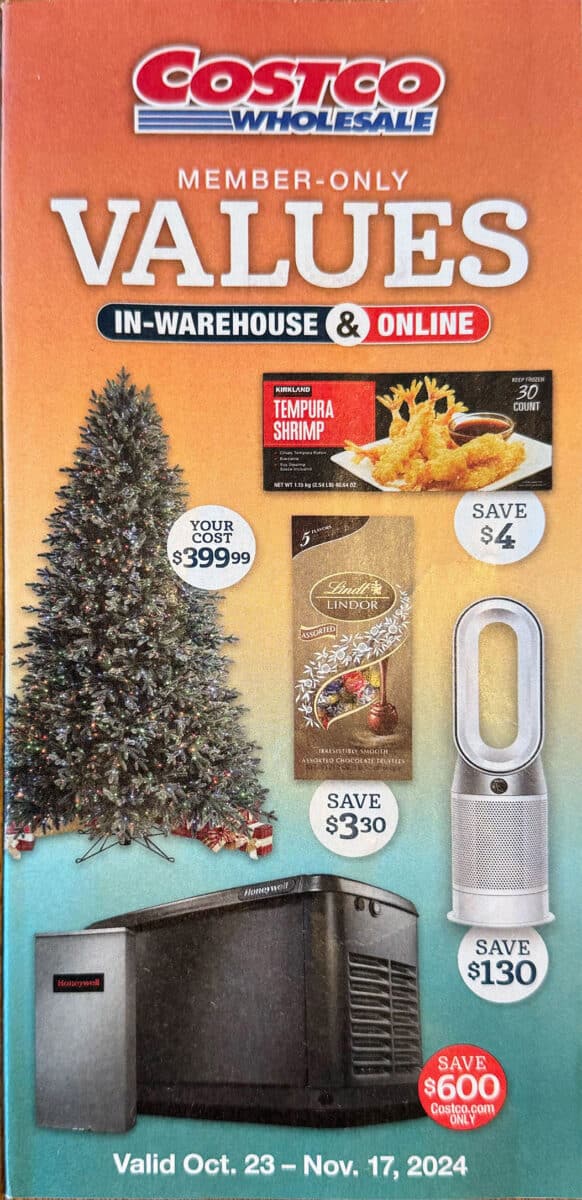 Costco October and November ad scan for the holiday months with various products on sale on the pages