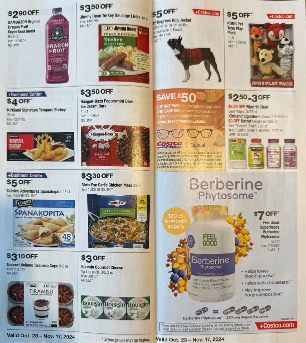 Costco October and November ad scan for the holiday months with various products on sale on the pages