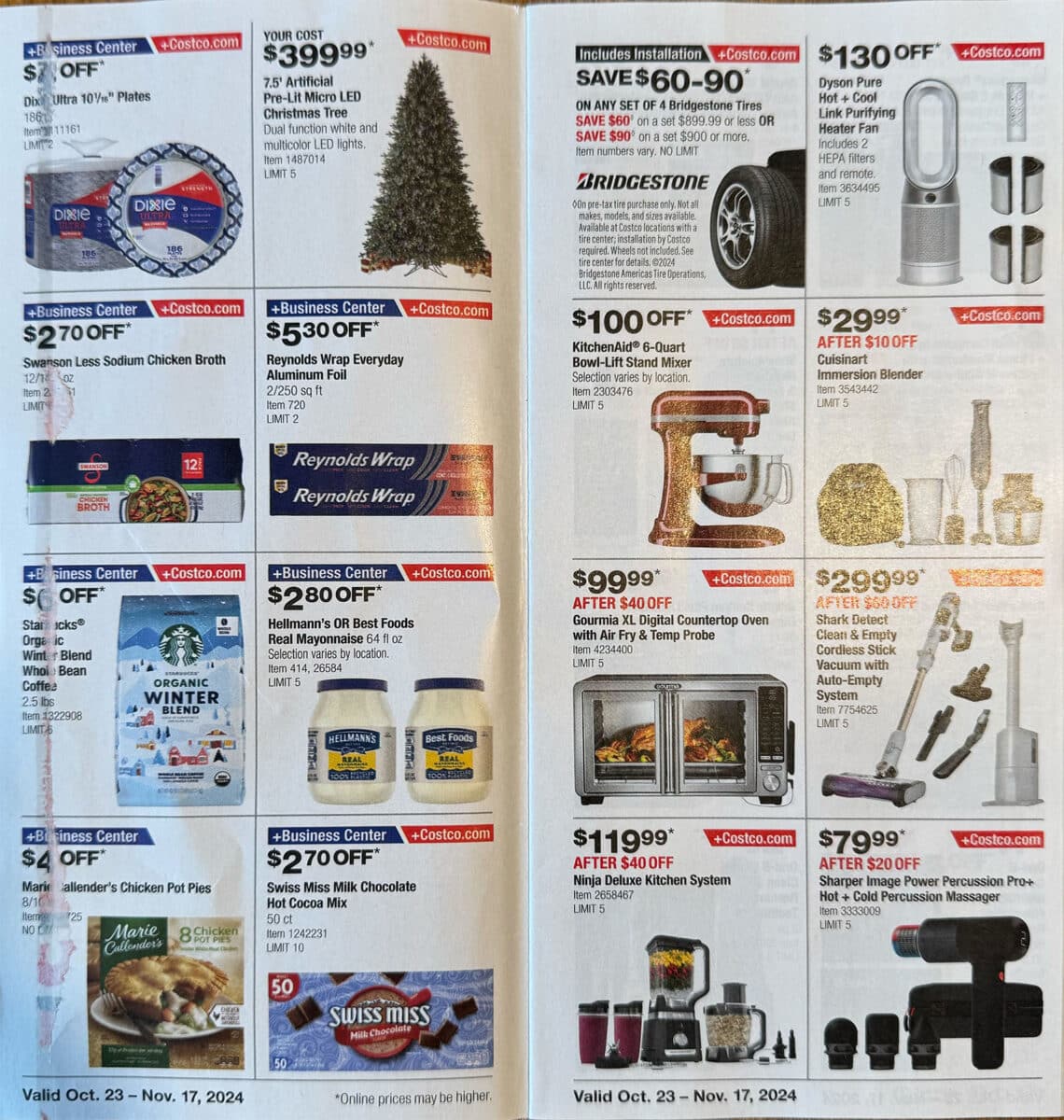 Costco October and November ad scan for the holiday months with various products on sale on the pages