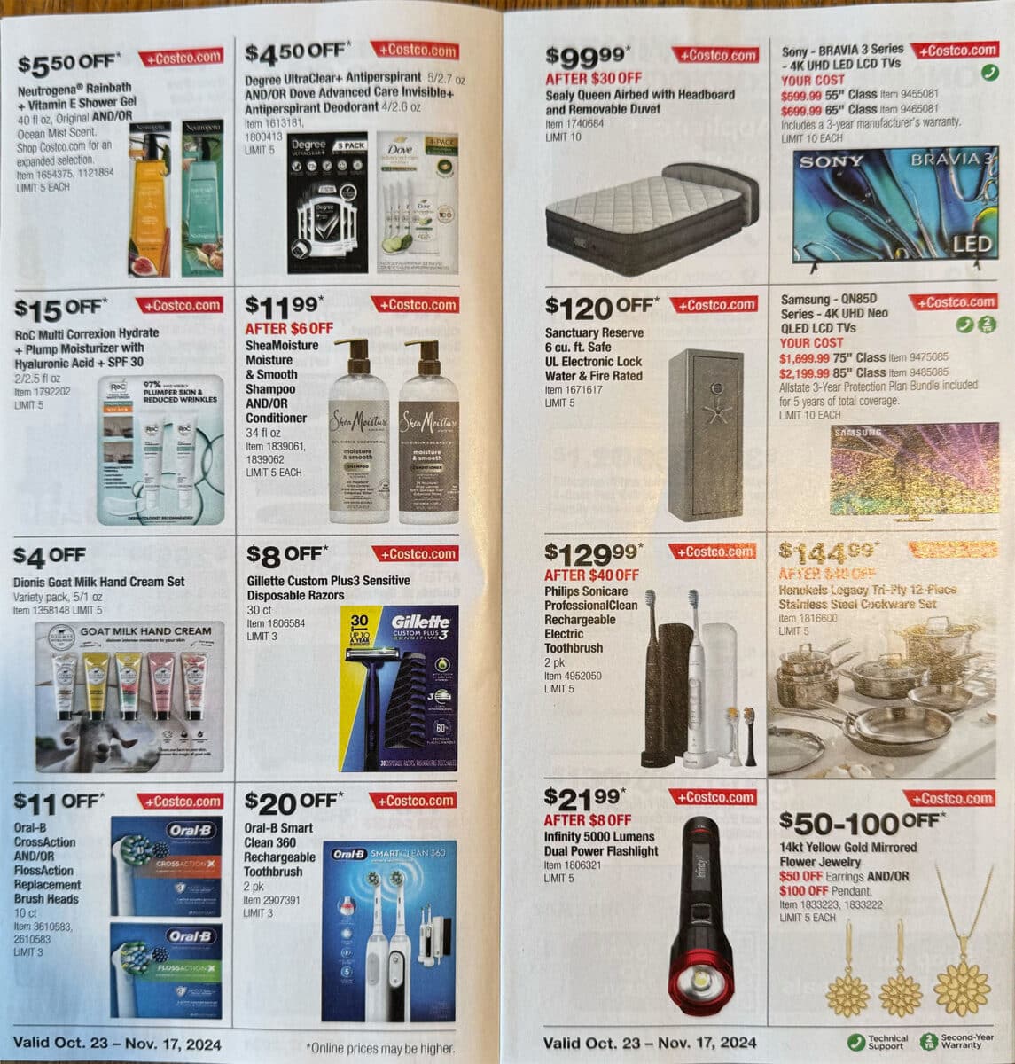 Costco October and November ad scan for the holiday months with various products on sale on the pages