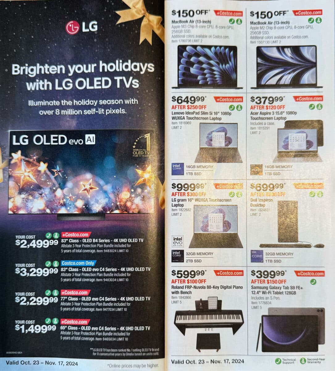 Costco October and November ad scan for the holiday months with various products on sale on the pages