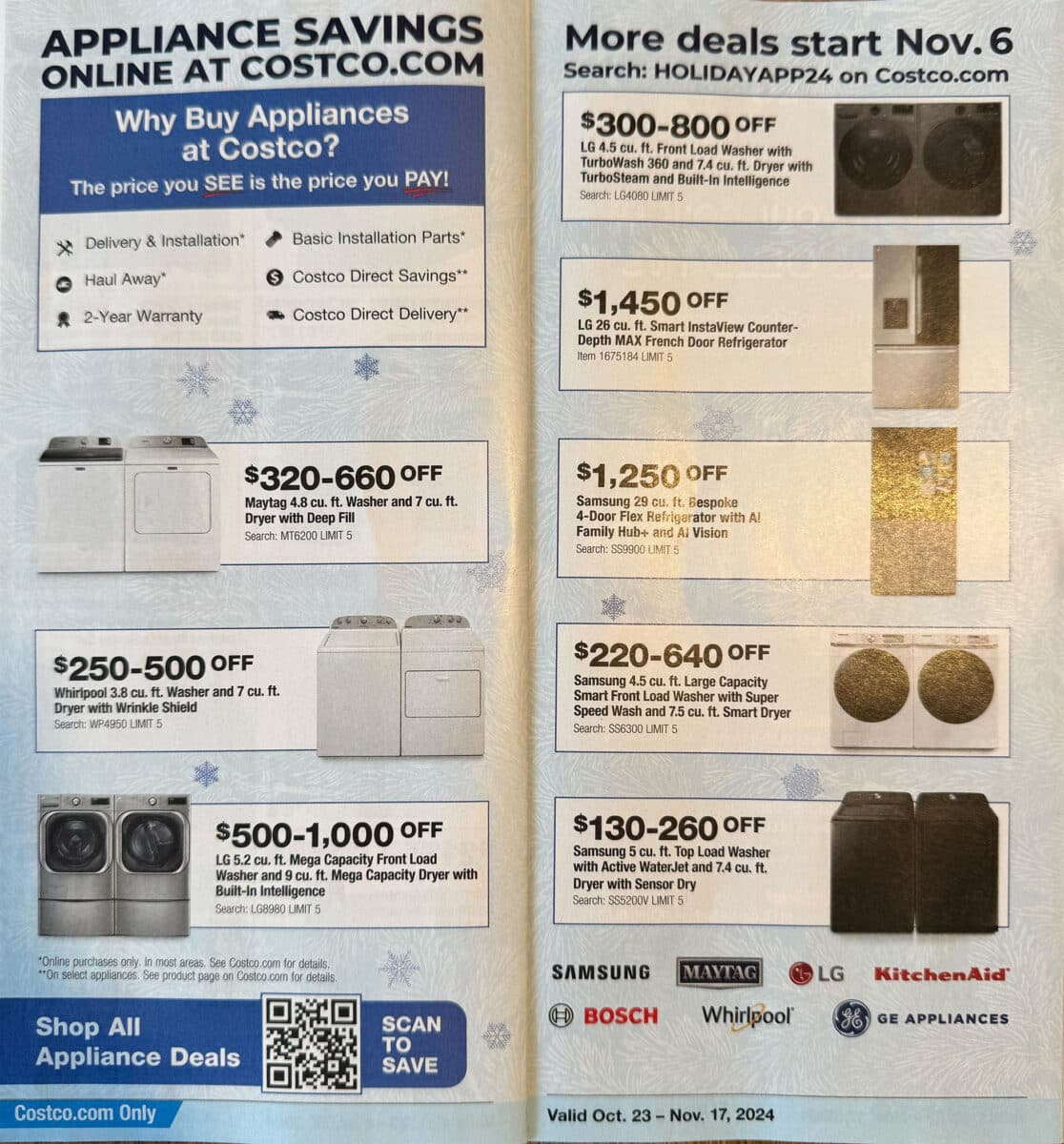 Costco October and November ad scan for the holiday months with various products on sale on the pages