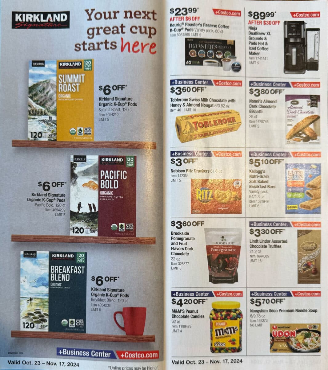 Costco October and November ad scan for the holiday months with various products on sale on the pages