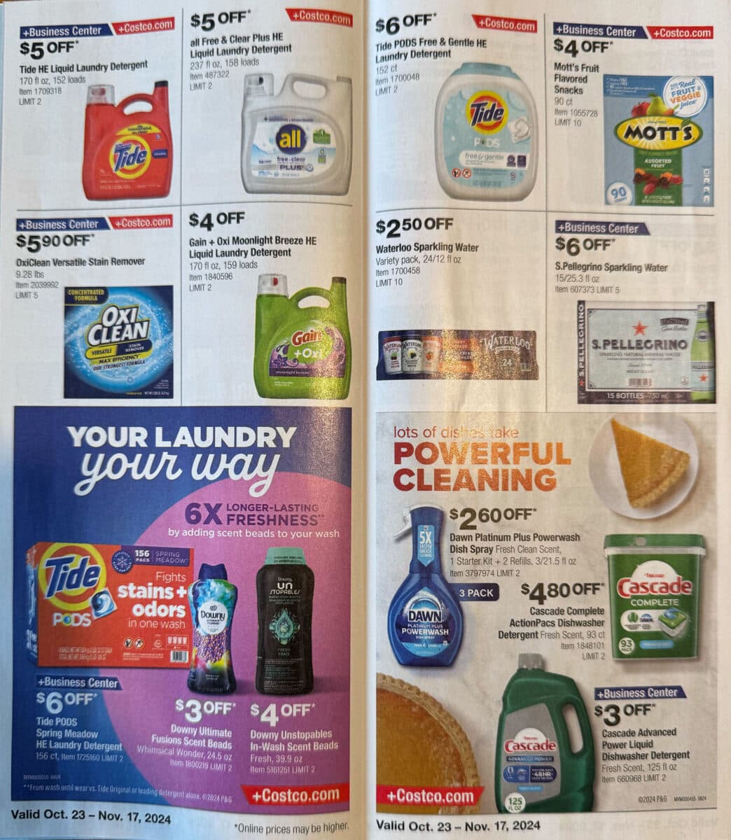 Costco October and November ad scan for the holiday months with various products on sale on the pages