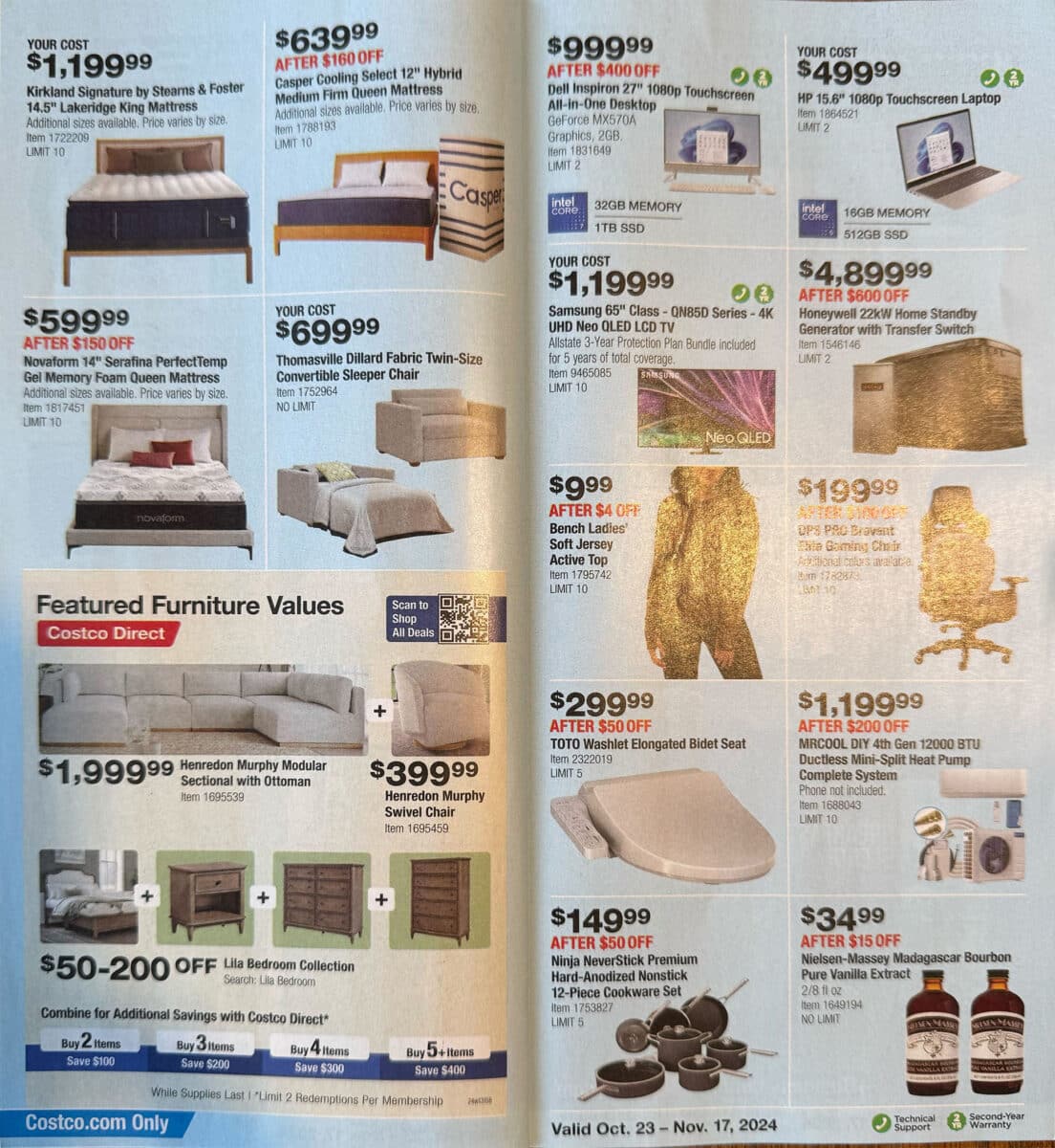 Costco October and November ad scan for the holiday months with various products on sale on the pages