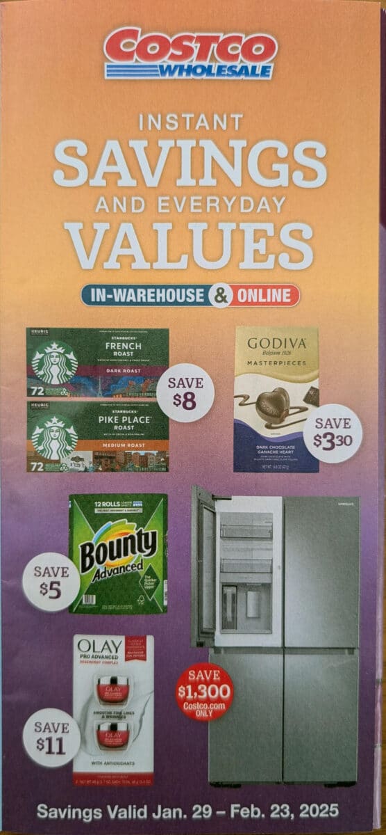 Ad scan with various products of the 2025 February Costco Coupon Book from Slickdeals.net