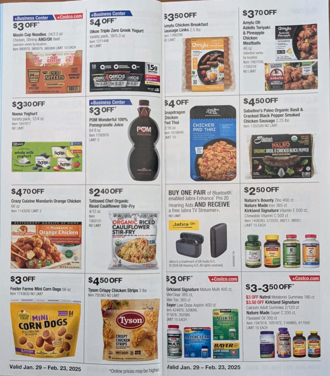 Ad scan with various products of the 2025 February Costco Coupon Book from Slickdeals.net