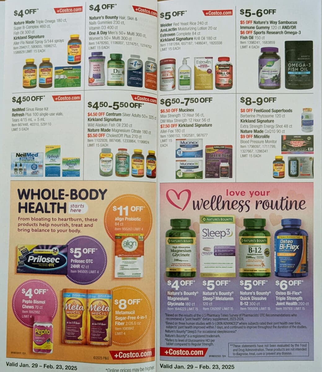 Ad scan with various products of the 2025 February Costco Coupon Book from Slickdeals.net