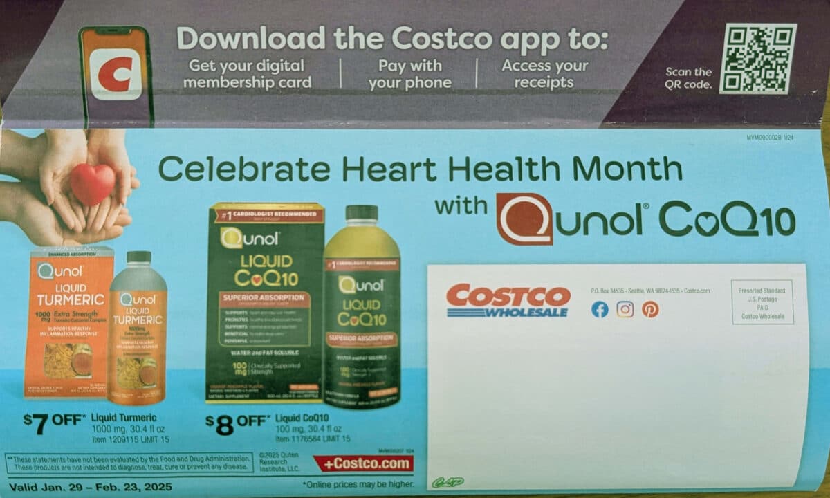 Ad scan with various products of the 2025 February Costco Coupon Book from Slickdeals.net