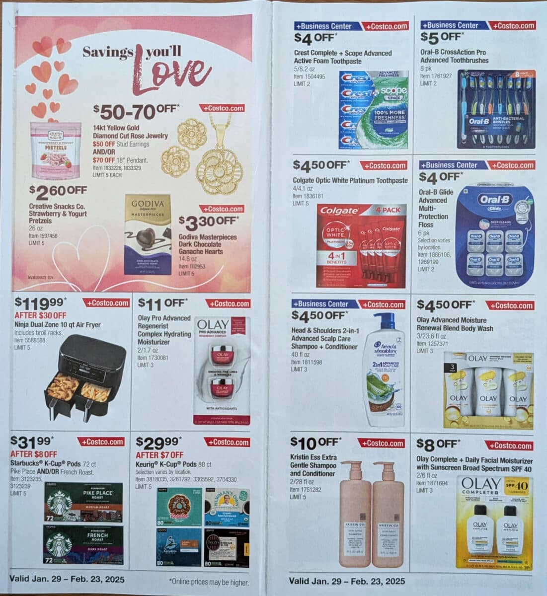 Ad scan with various products of the 2025 February Costco Coupon Book from Slickdeals.net