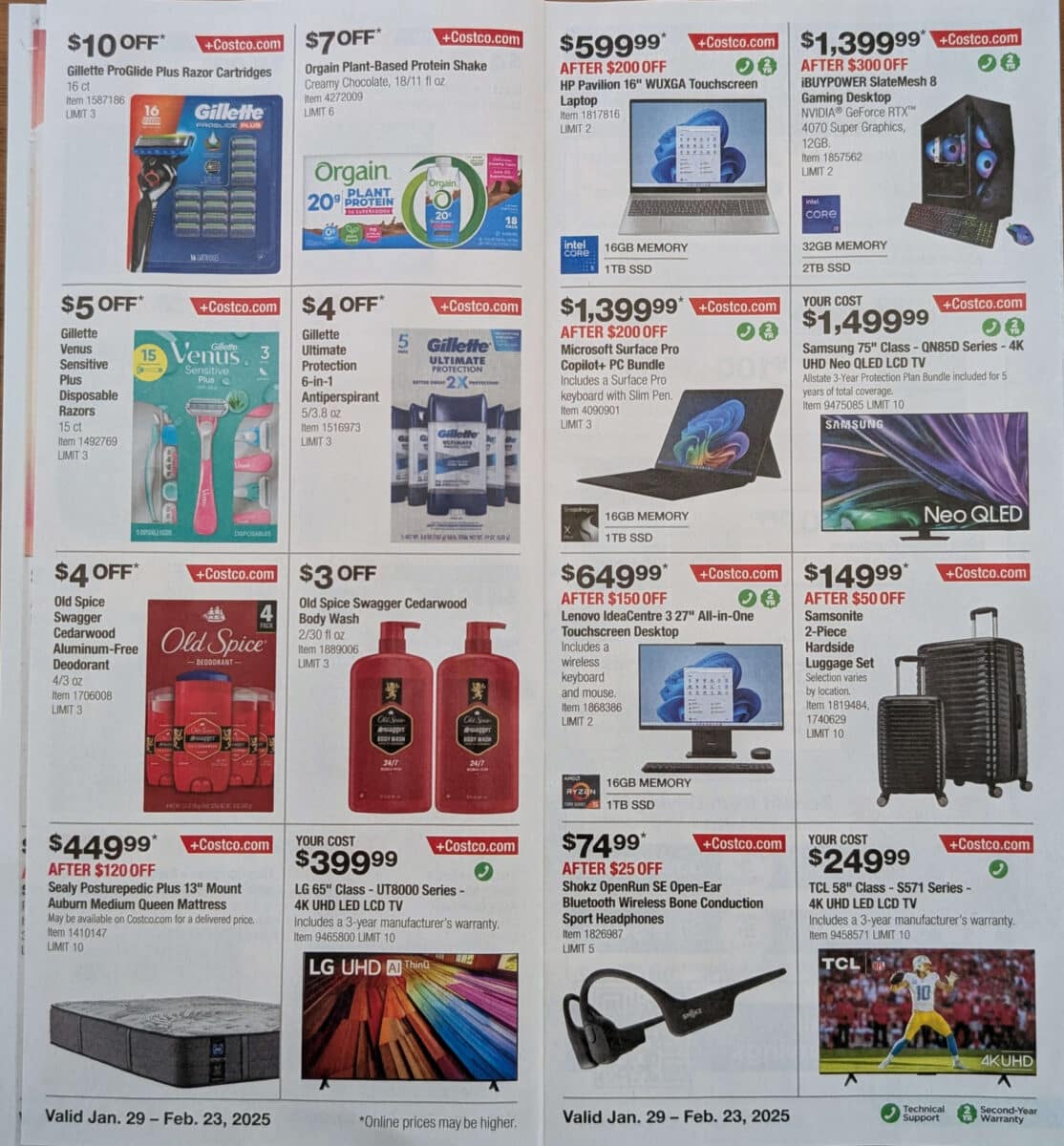 Ad scan with various products of the 2025 February Costco Coupon Book from Slickdeals.net