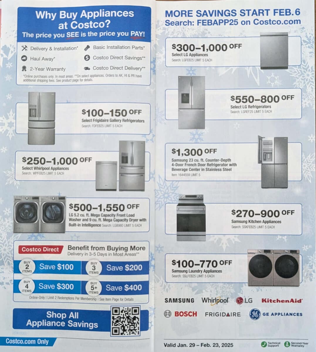 Ad scan with various products of the 2025 February Costco Coupon Book from Slickdeals.net