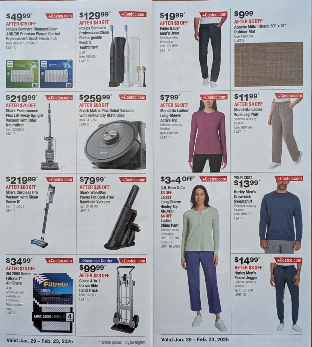 Ad scan with various products of the 2025 February Costco Coupon Book from Slickdeals.net