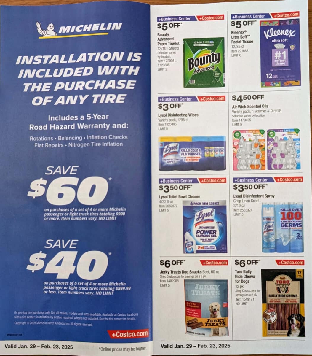 Ad scan with various products of the 2025 February Costco Coupon Book from Slickdeals.net