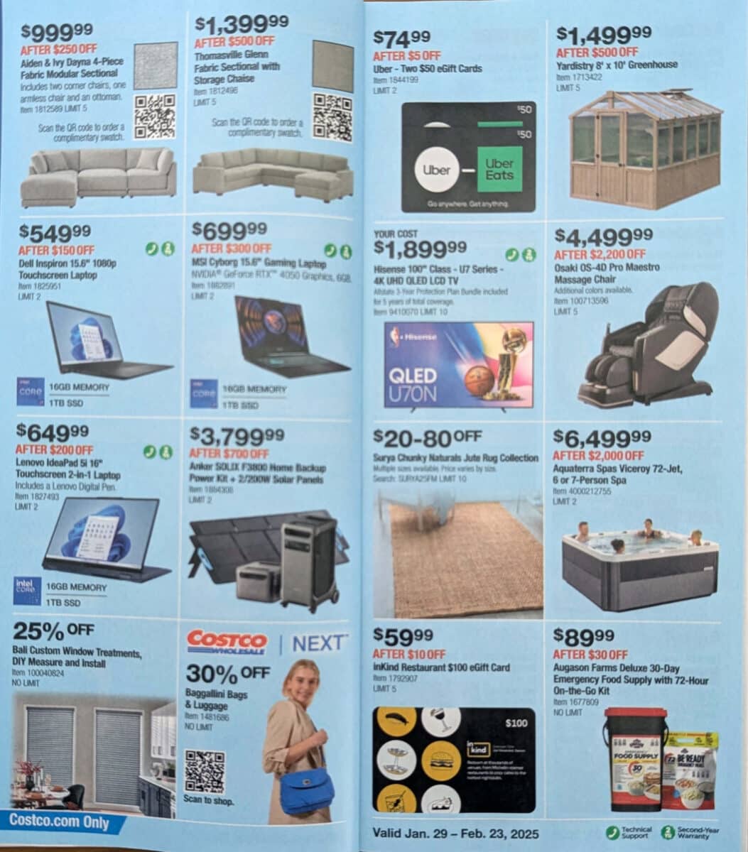 Ad scan with various products of the 2025 February Costco Coupon Book from Slickdeals.net