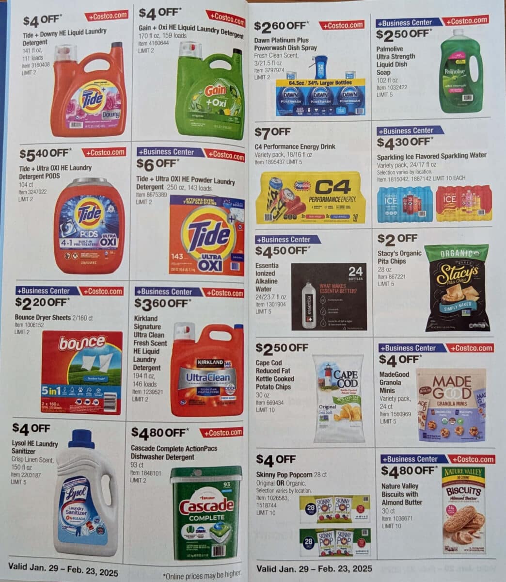 Ad scan with various products of the 2025 February Costco Coupon Book from Slickdeals.net