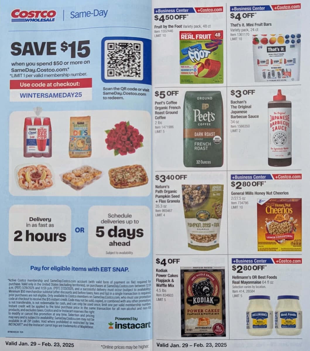 Ad scan with various products of the 2025 February Costco Coupon Book from Slickdeals.net