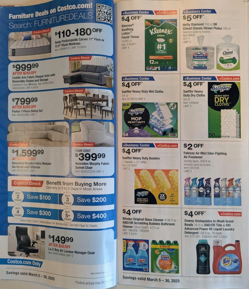 Ad scan of the Costco Coupon Book for March 2025 from Slickdeals.net