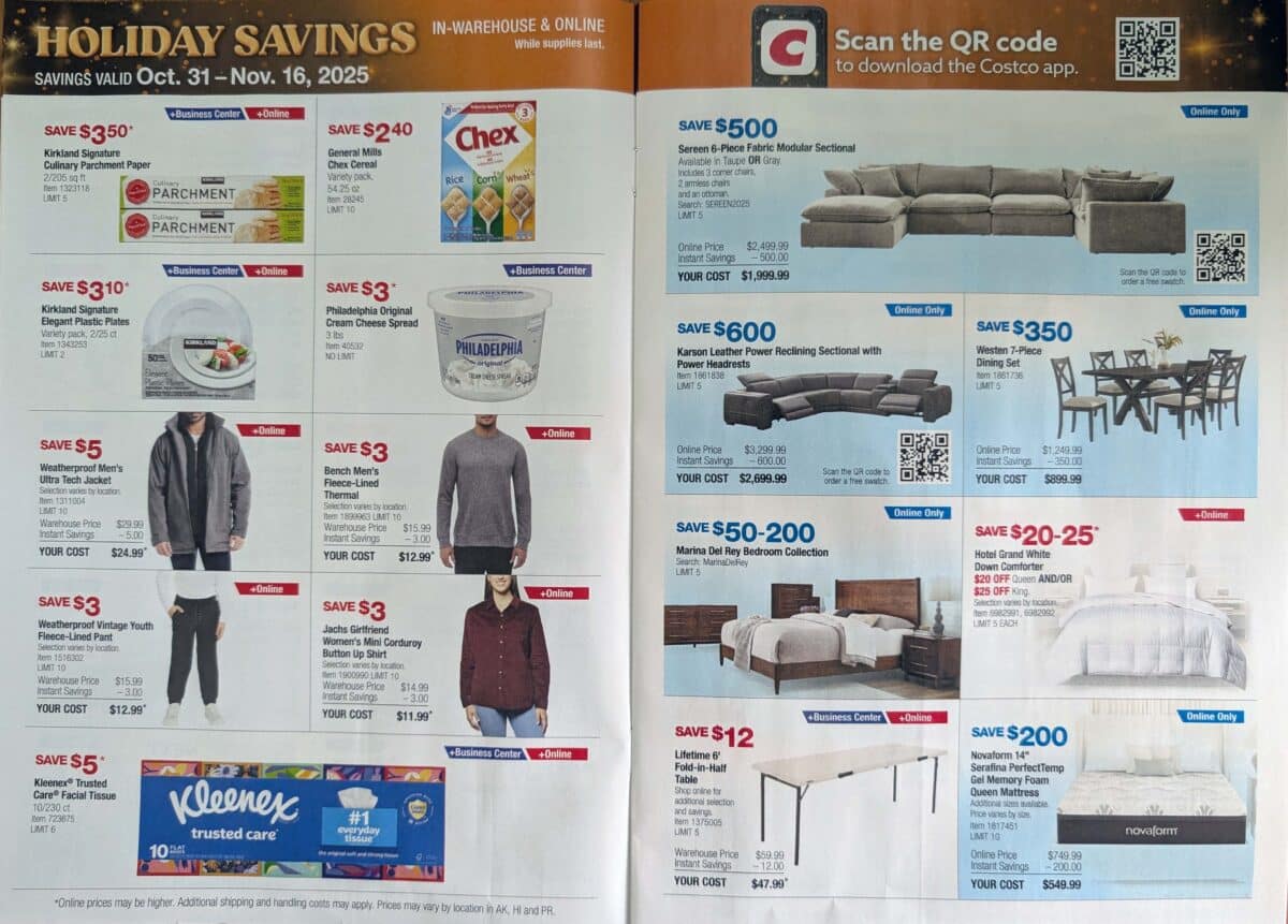 Ad leak scan of the Costco Holiday Savings Coupon Book for Black Friday 2025 from Slickdeals