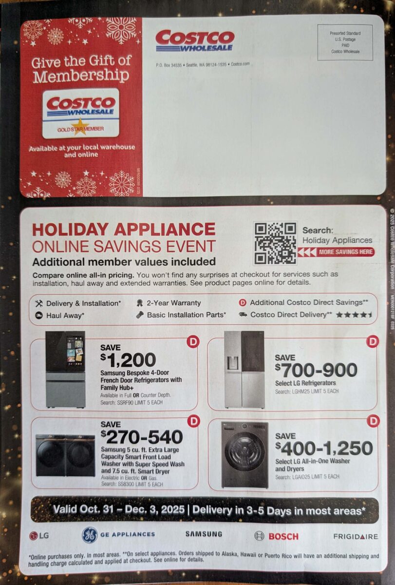 Ad leak scan of the Costco Holiday Savings Coupon Book for Black Friday 2025 from Slickdeals