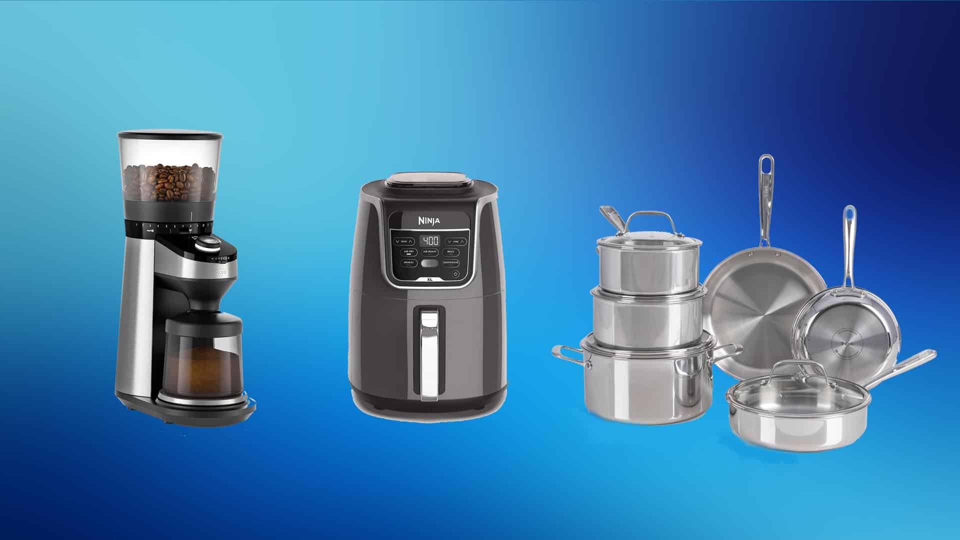 kitchenware products on a blue background