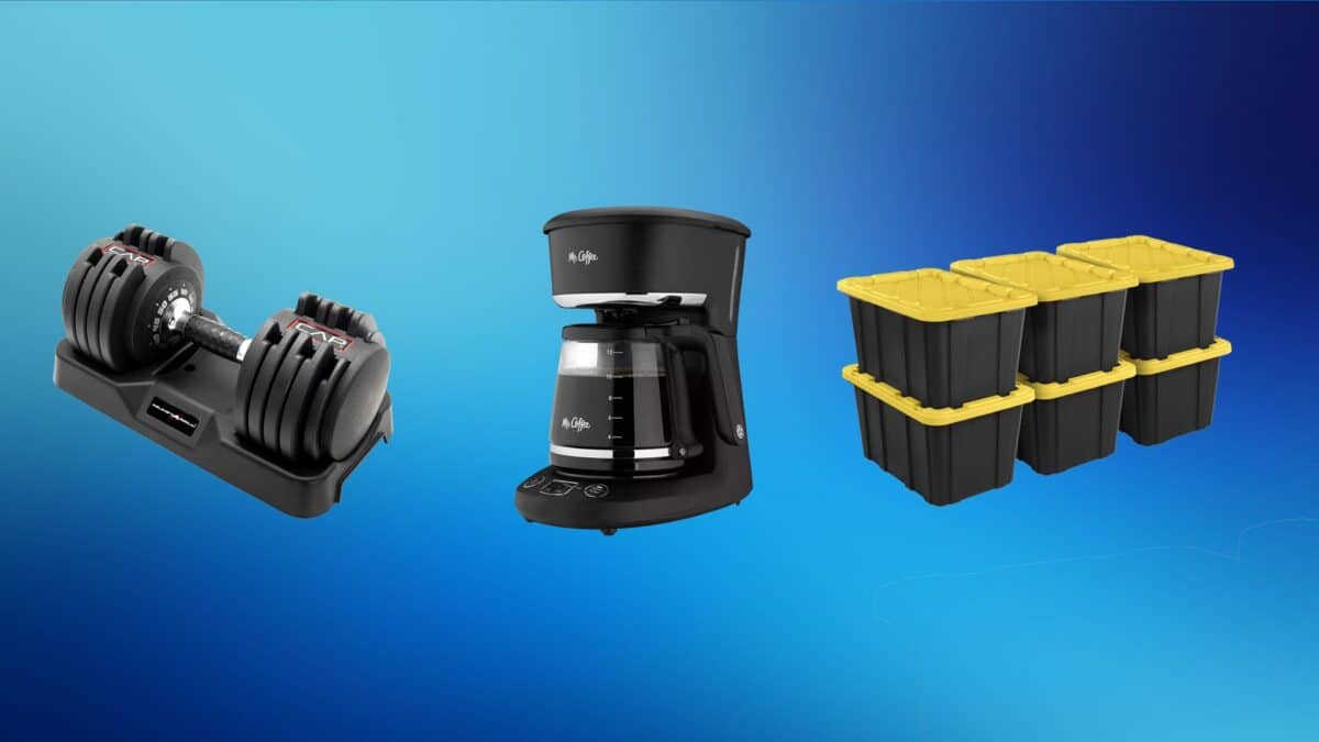 dumbbell set, coffee maker and storage bins