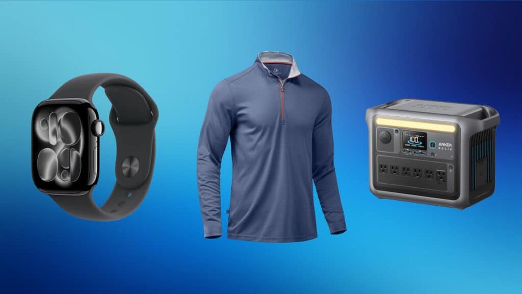 image with an apple watch, quarter zi sweater and portable power station.