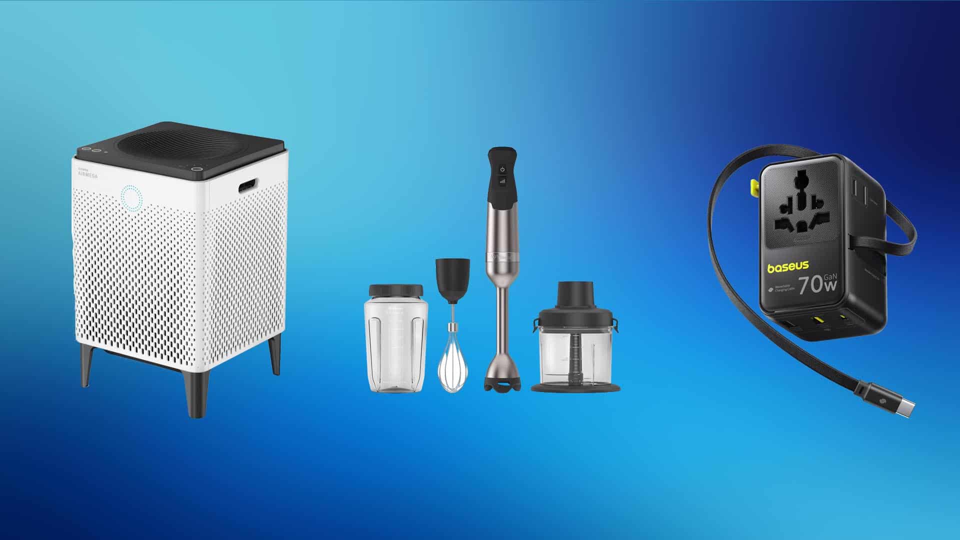 Air purifier, emersion blender and travel adapter