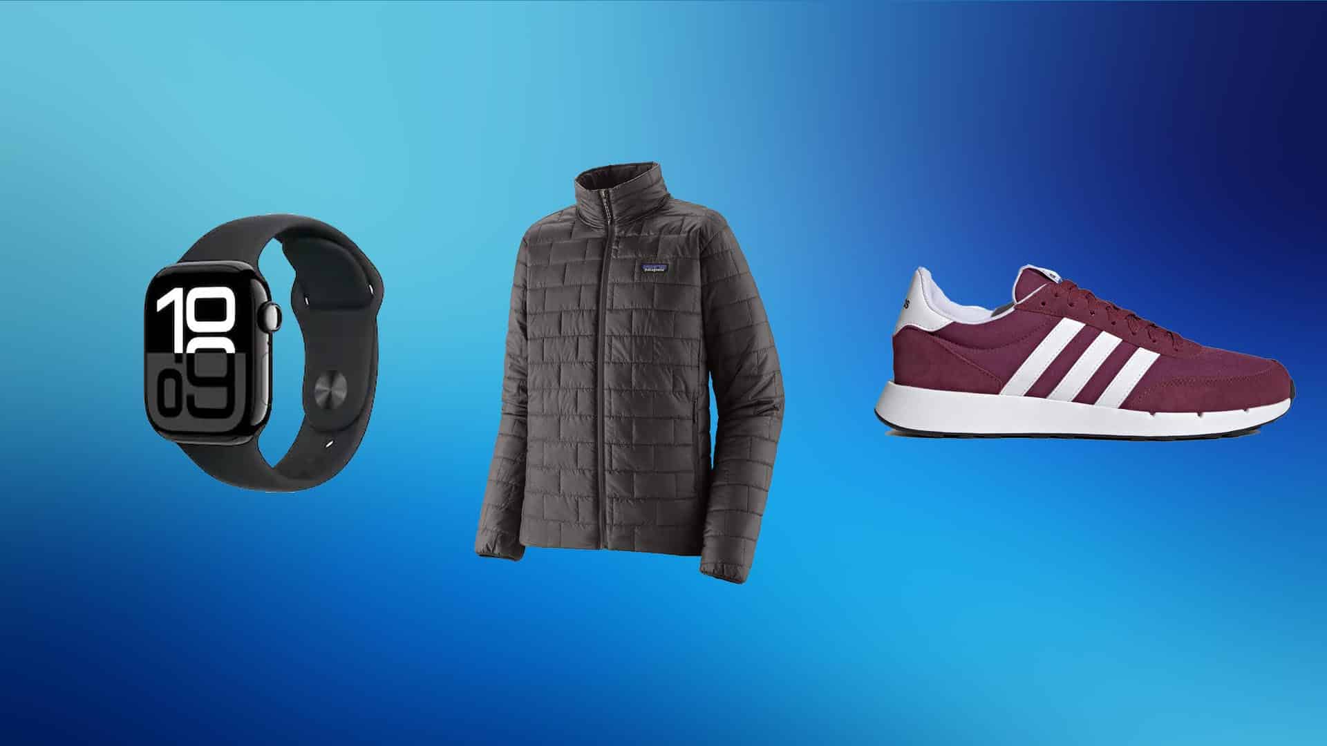 apple watch, patagonia jacket and adidas shoe