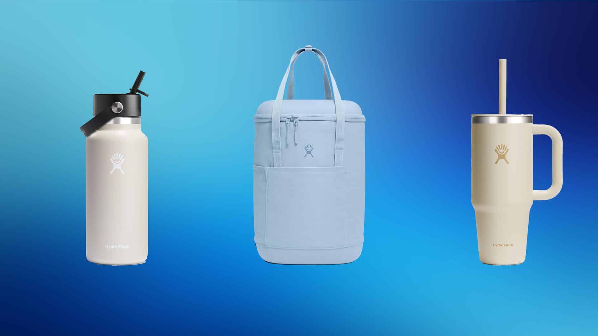 Three Hydro Flask products lined up next to each other