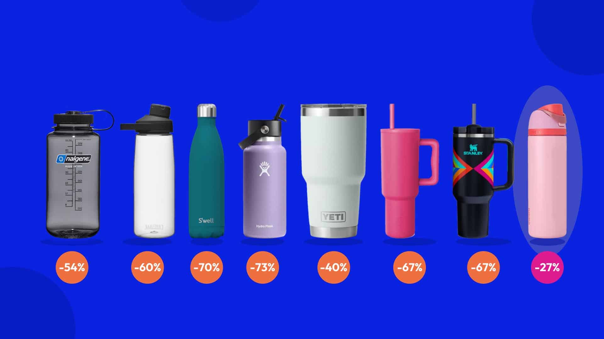 Row of water bottles on blue background