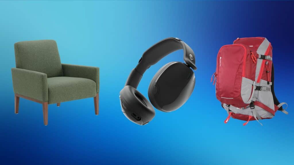 green arm chair, headphones and backpack