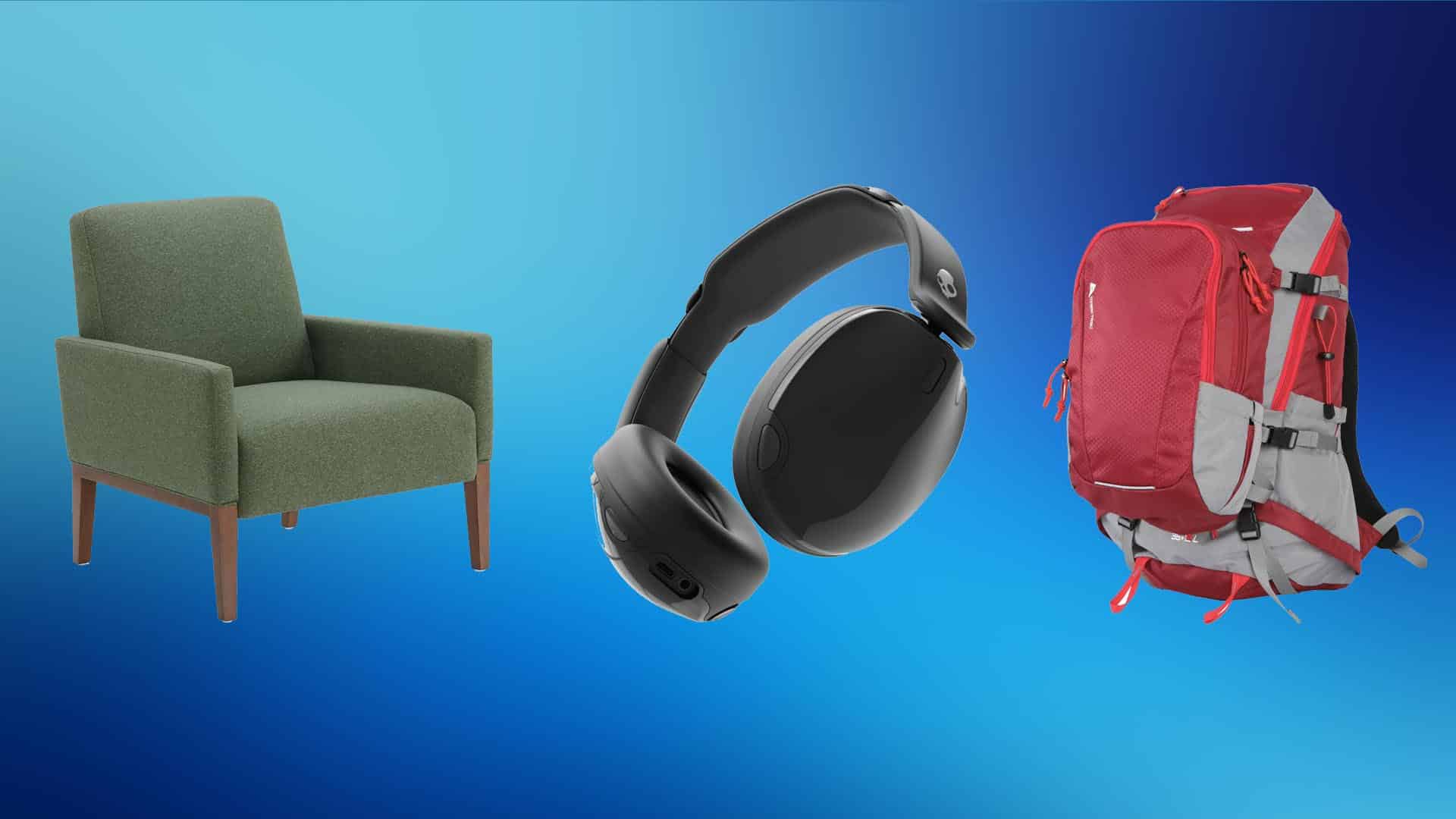 green arm chair, headphones and backpack
