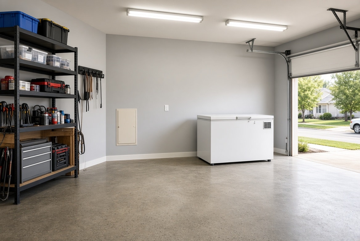 chest freezer in a garage