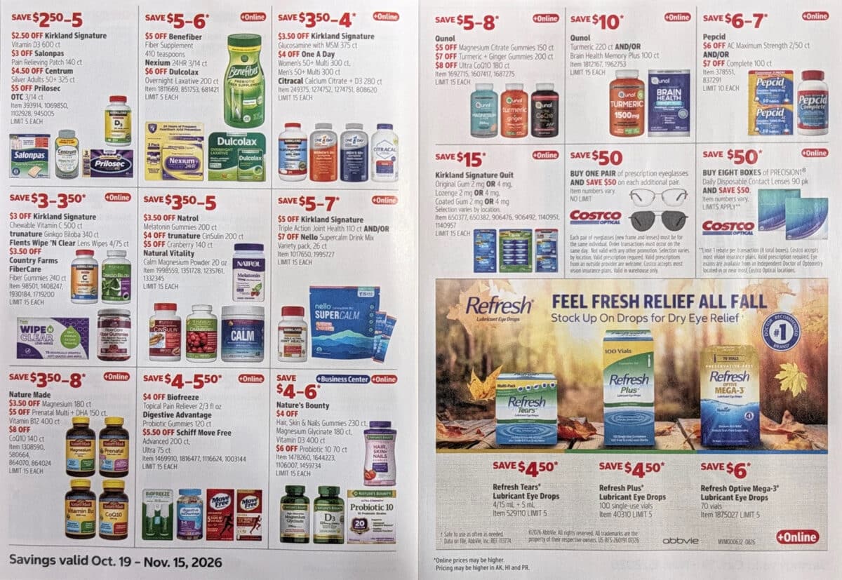Ad scan of the costco coupon book for October and November 2026 from Slickdeals.net