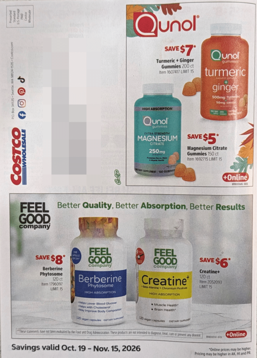 Ad scan of the costco coupon book for October and November 2026 from Slickdeals.net